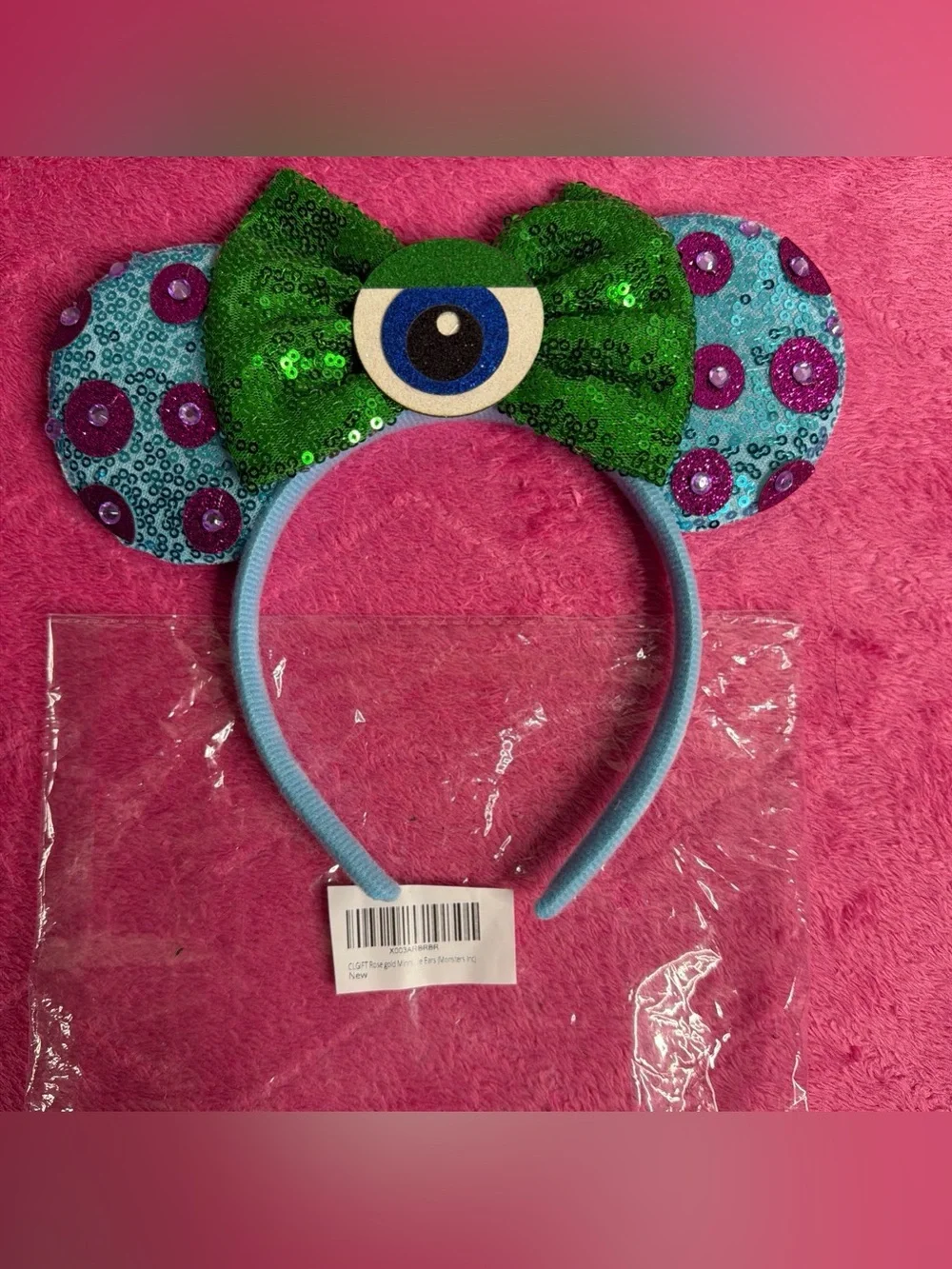 Disney Monster Inc. Green Sequin Bow Kids Headband with Blue Eye Accent
